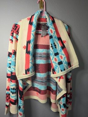 Moon Collection Aztec Draped Cardigan in Cream, Coral & Turquoise